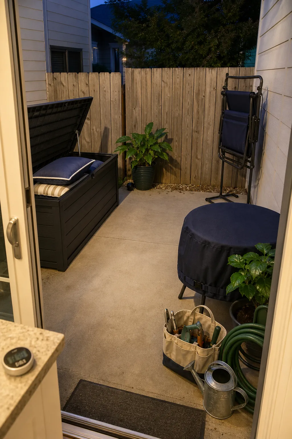 Orderly townhouse patio with easy-to-store cushions and folding furniture