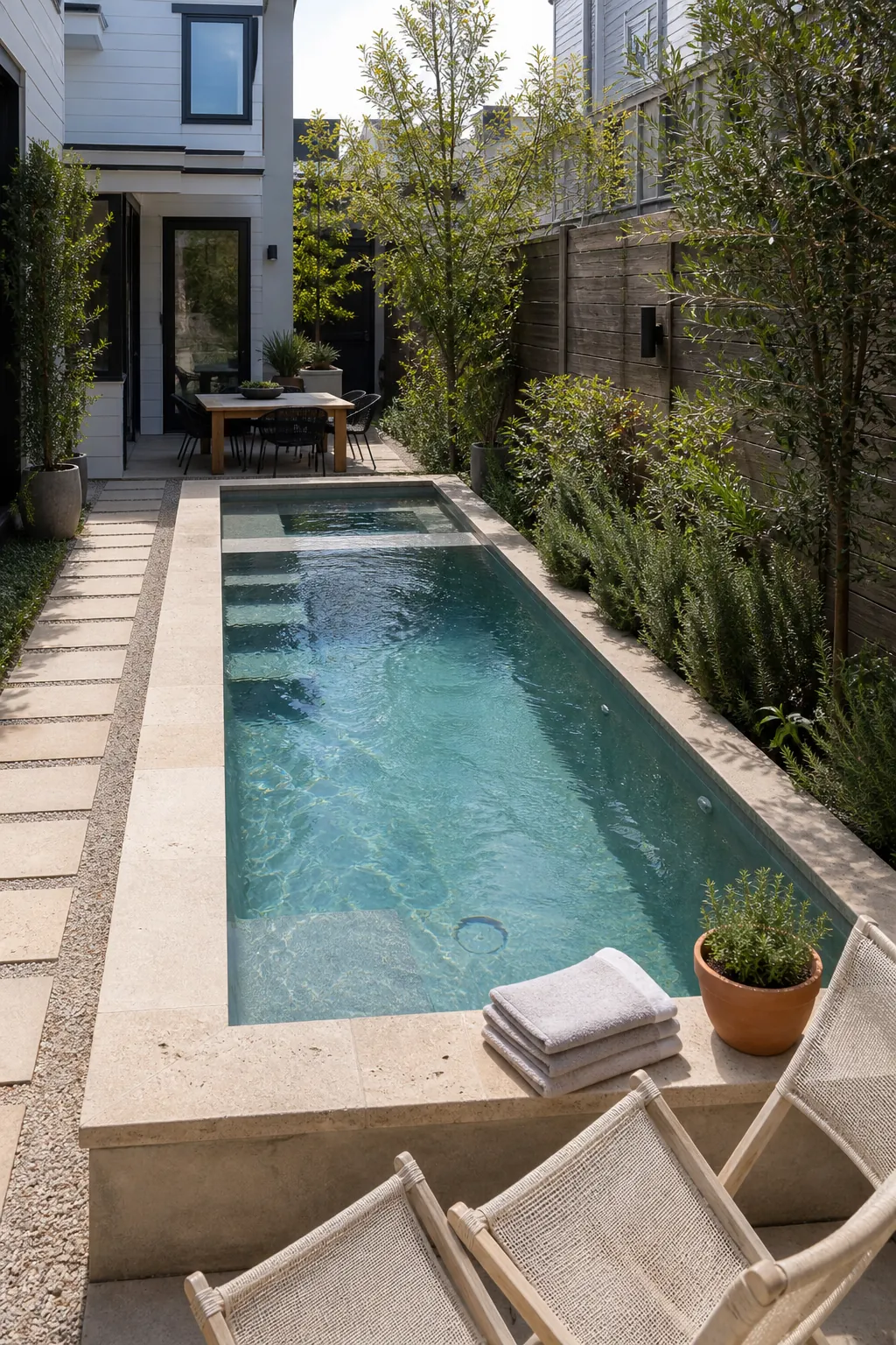 Elegant compact cocktail pool and spool in a thoughtfully planned small backyard