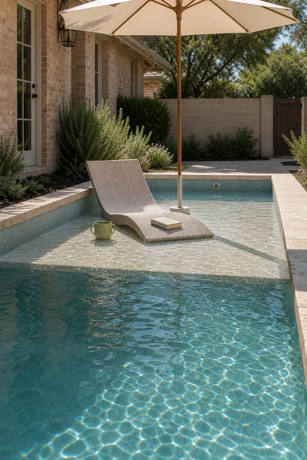Small cocktail pool with a broad tanning ledge and umbrella