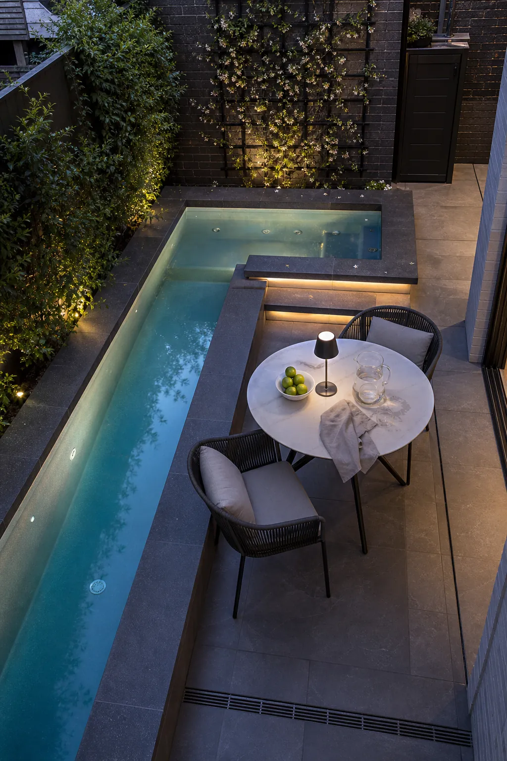 L-shaped spool pool wrapping around a compact dining patio
