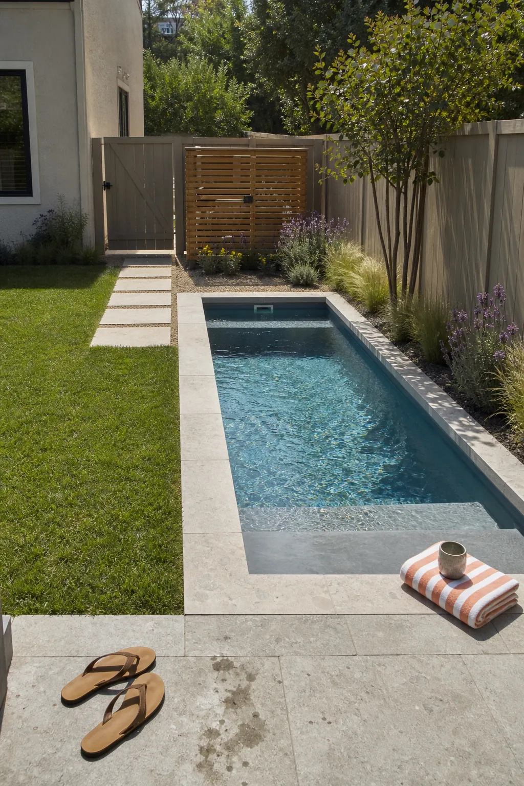 Compact rectangular cocktail pool tucked into a sunny small backyard corner
