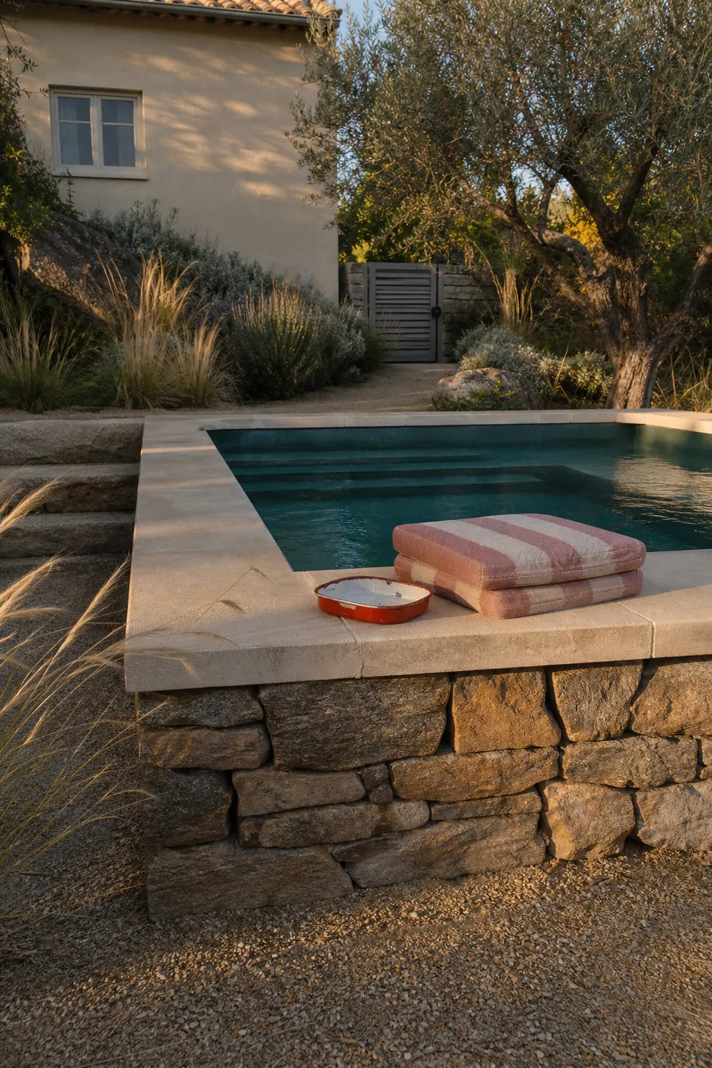 Raised small spool pool with a stone seat wall in a compact garden