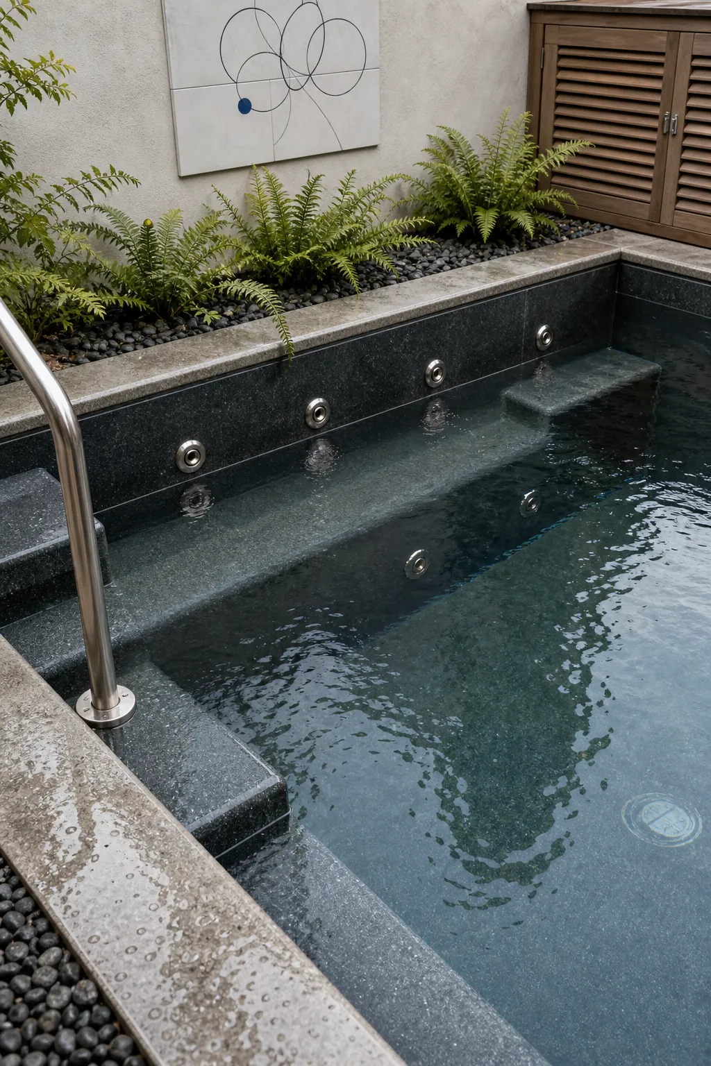 Modern spool pool with a built-in hydrotherapy bench and jets