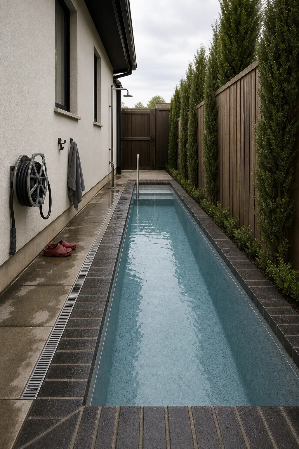 Long narrow spool pool fitted into a landscaped side yard