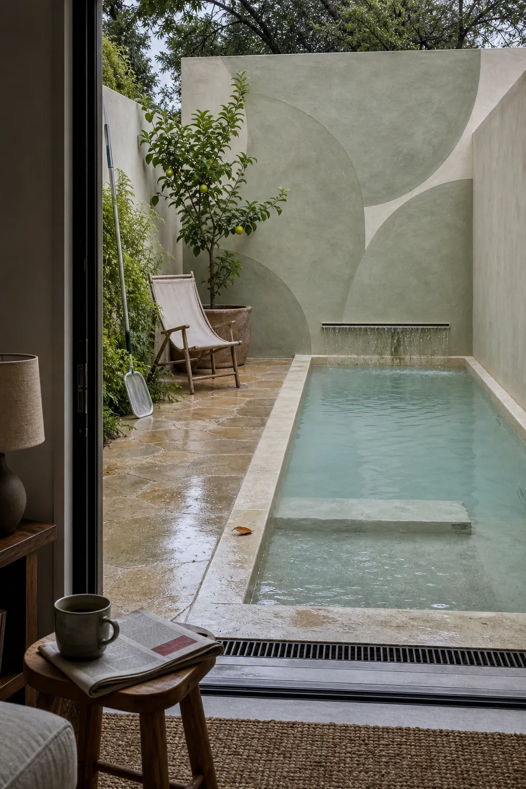 Intimate courtyard cocktail pool framed as a view from the home