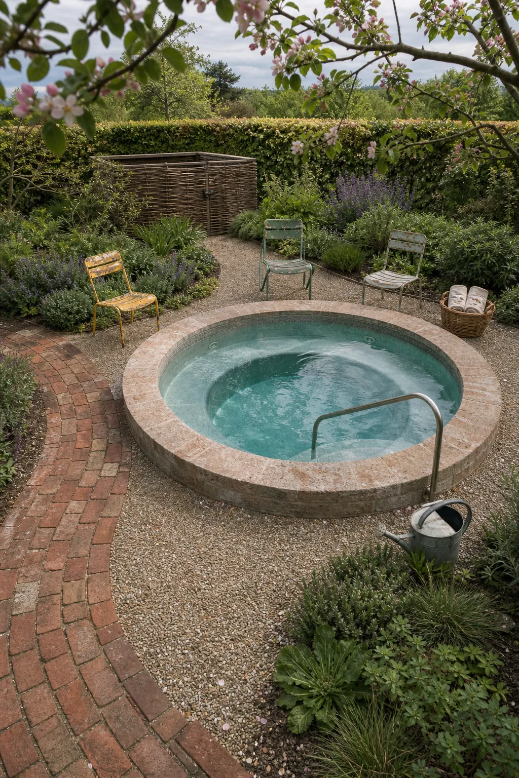 Round cocktail pool designed for conversation in a small garden