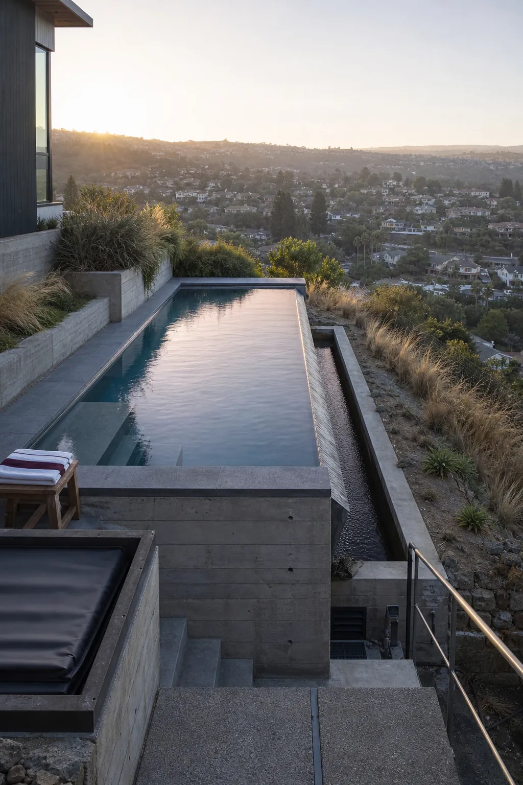 Compact spool pool with a vanishing edge on a sloped backyard