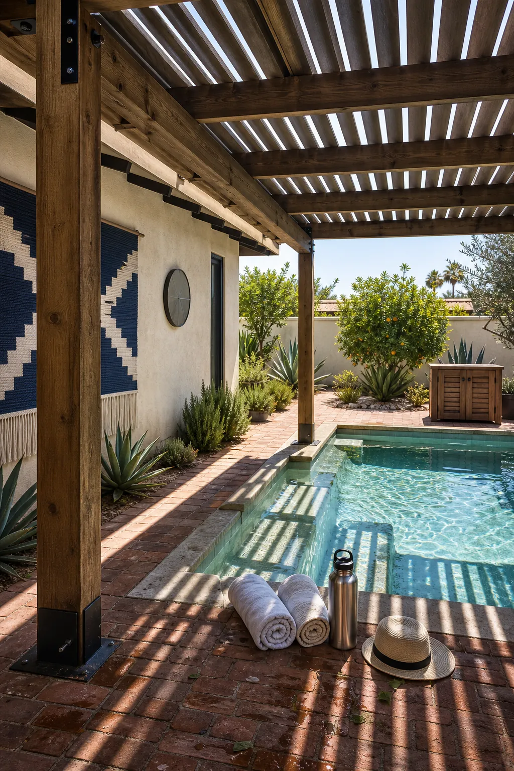Small spool pool shaded by a modern slatted pergola