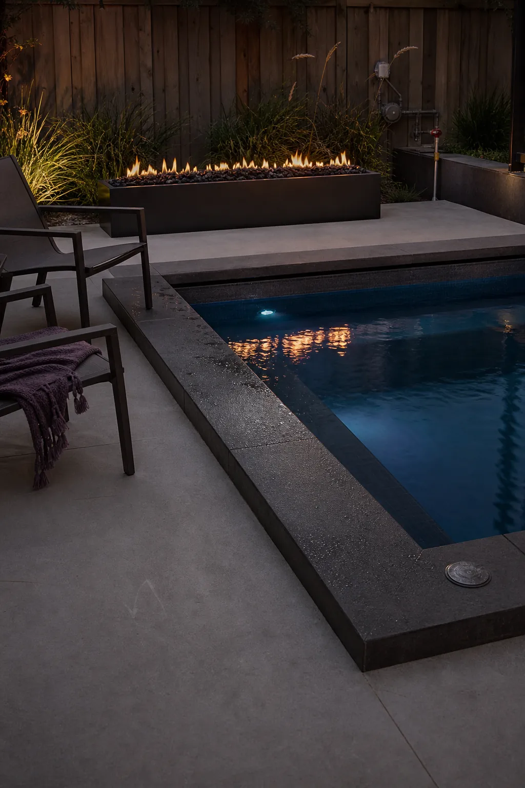 Contemporary spool pool paired with a linear fire feature