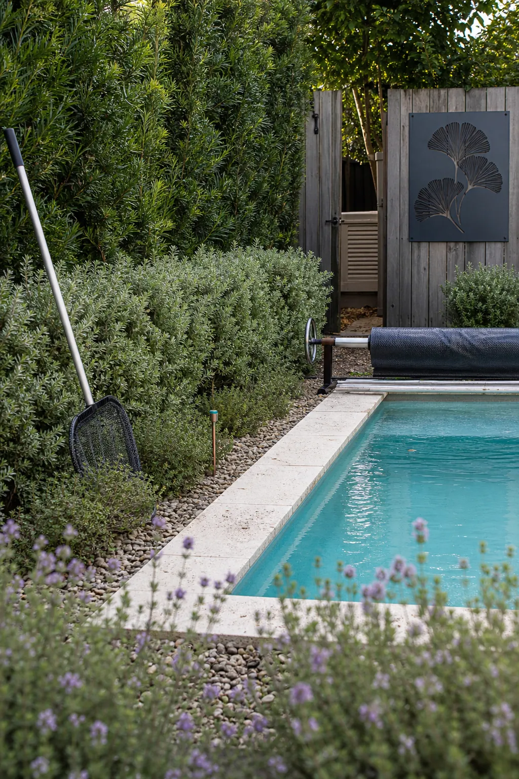 Small spool pool enclosed by layered low-maintenance privacy planting