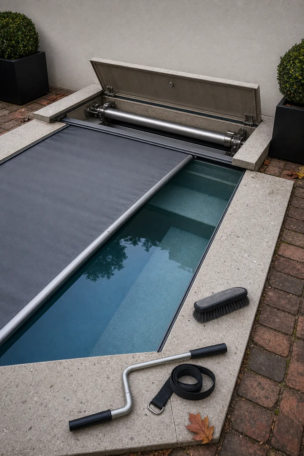 Compact spool with a concealed retractable pool cover