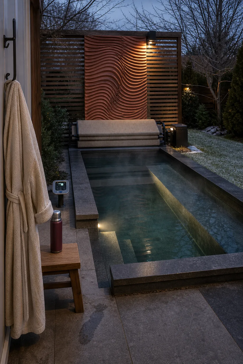 Four-season small pool and spa hybrid prepared for a warm evening soak