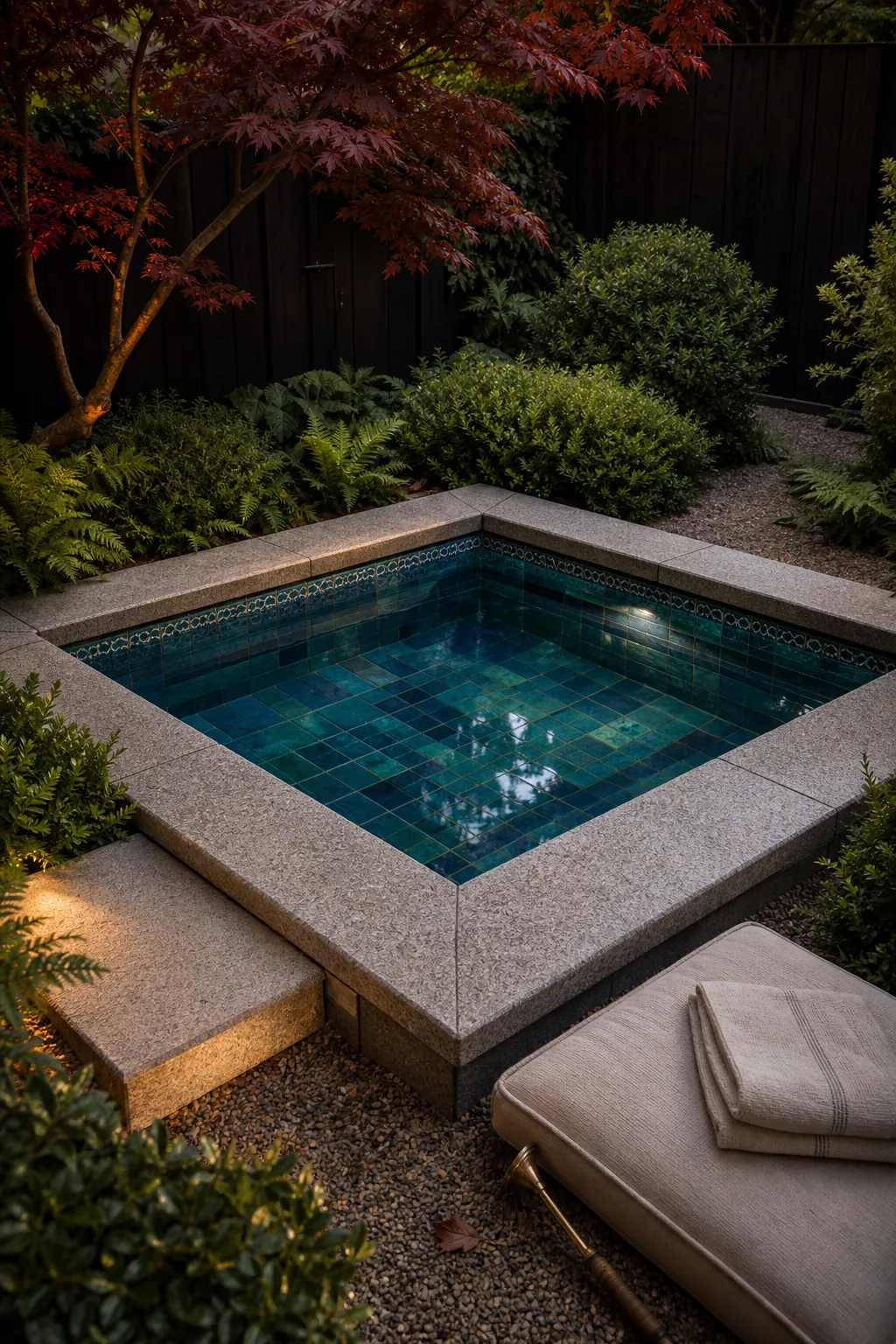 Jewel-box cocktail pool with rich tile and refined stone coping