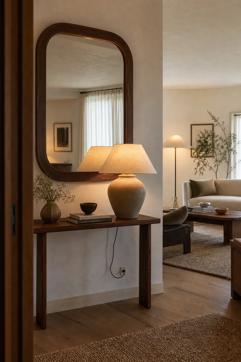 Layered table and floor lamps reflected softly in a living room mirror