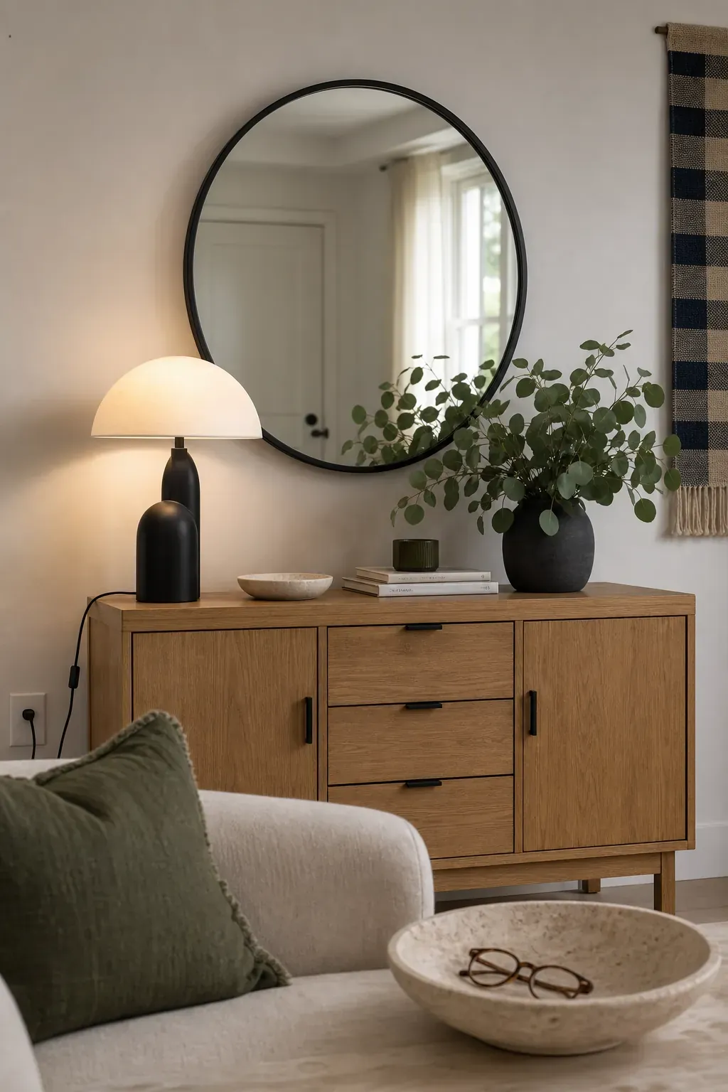 Balance One Lamp With a Taller Opposite Object with lamps and mirrors in one room