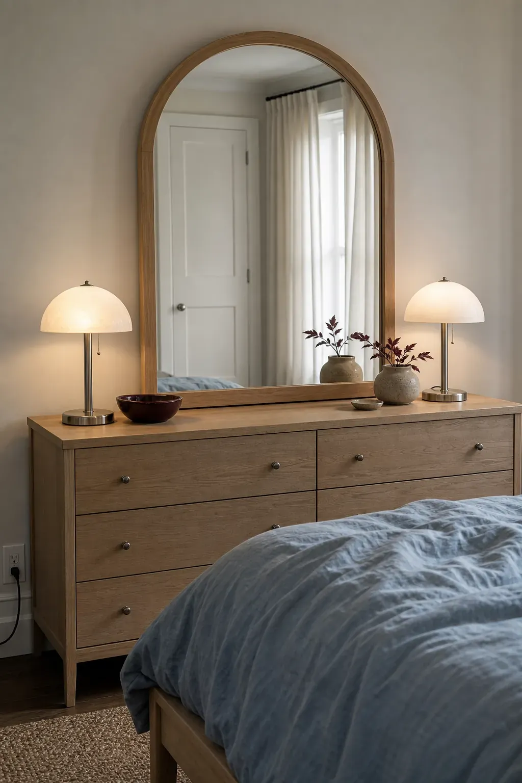 Use Shade Shape to Echo the Mirror with lamps and mirrors in one room