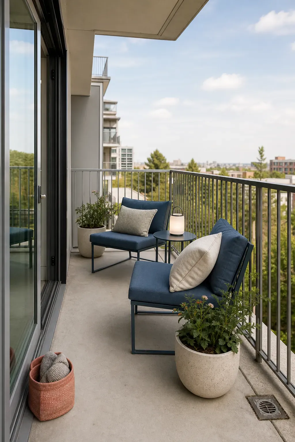 Stylish renter-friendly small apartment patio with compact seating and plants