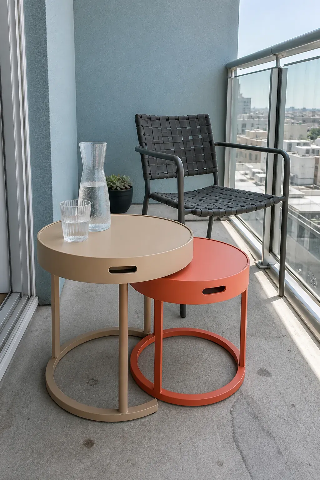 Tiny apartment patio using two lightweight nesting side tables