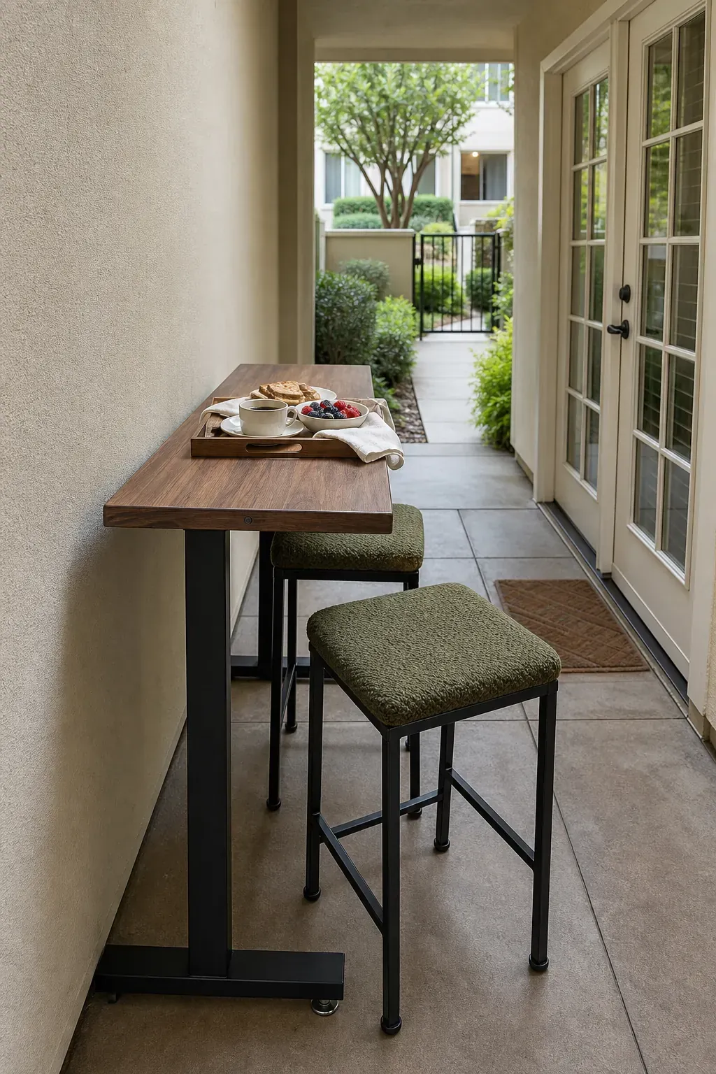 Narrow apartment patio with a freestanding slim breakfast bar