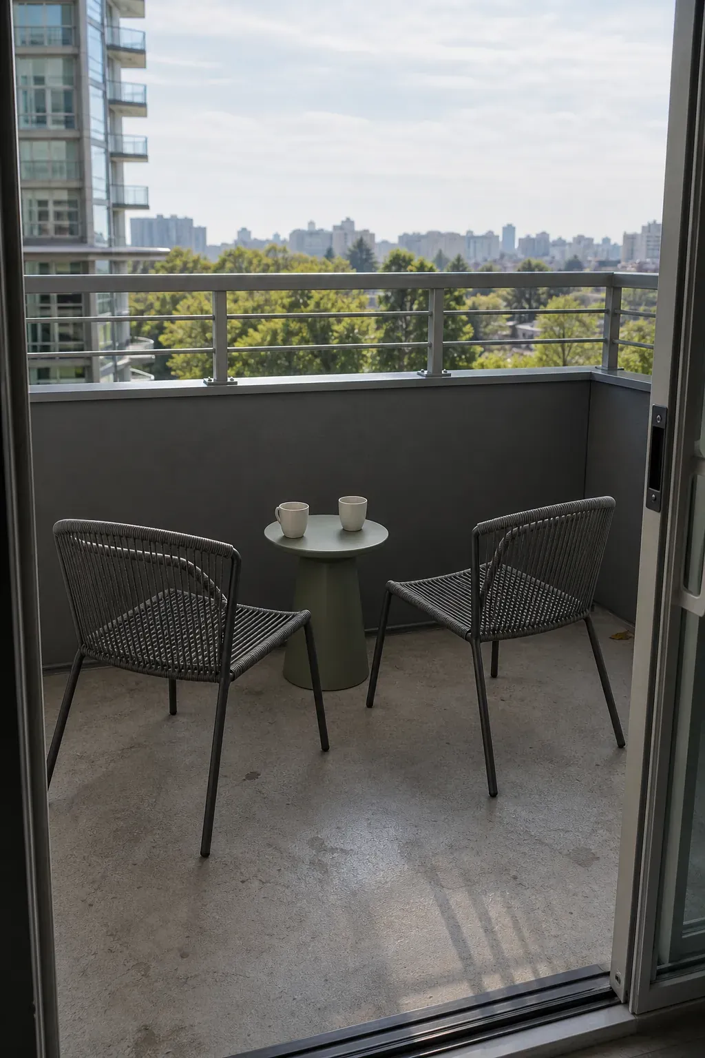 Small apartment patio with two compact chairs facing the open view
