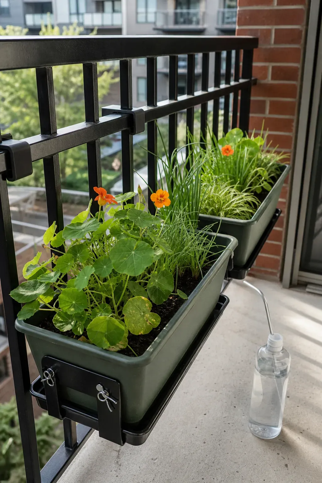Apartment patio with secure planter boxes facing inward from the railing
