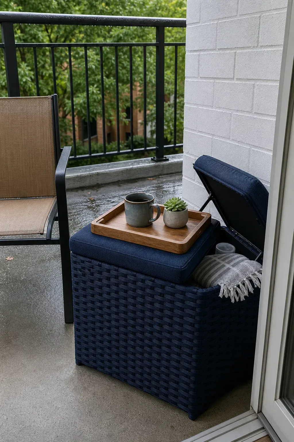Apartment patio with a compact storage ottoman and removable tray