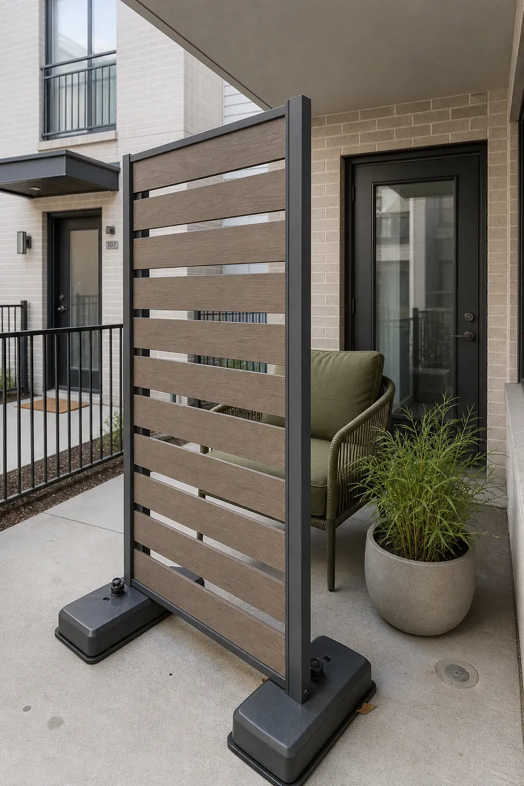 Apartment patio with a weighted freestanding privacy screen angled toward neighbors
