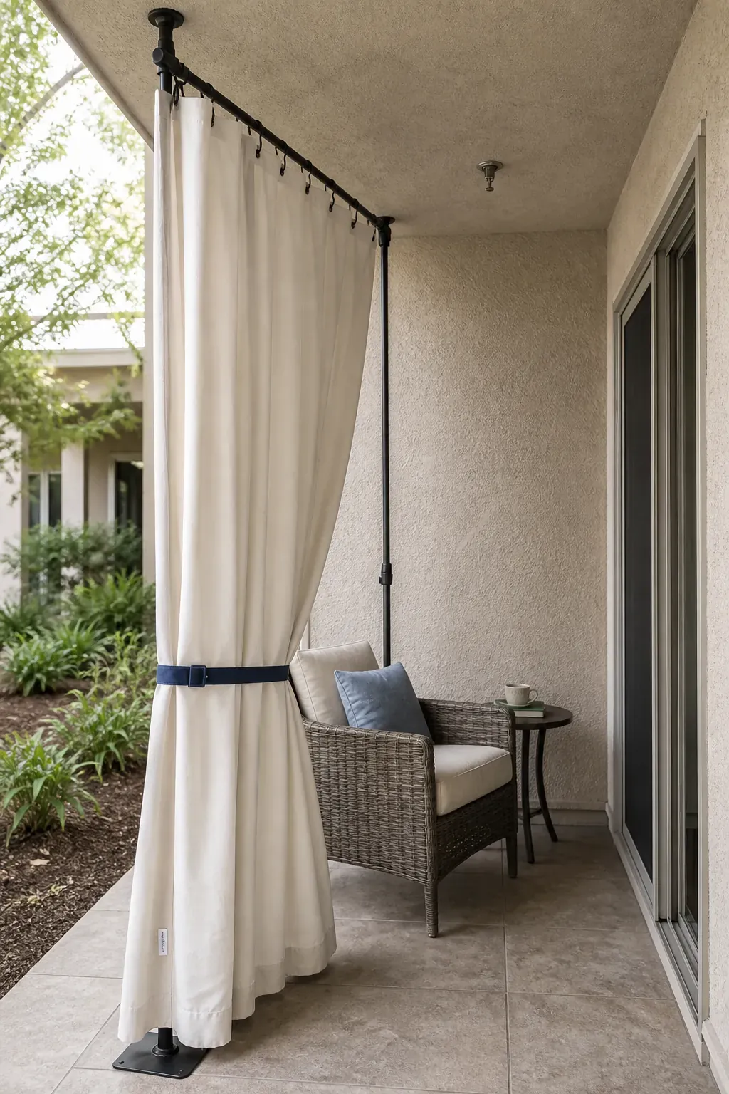 Covered apartment patio with one approved outdoor curtain panel