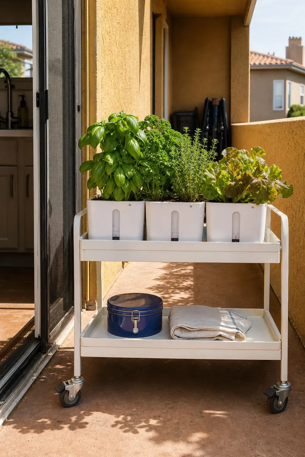 Sunny apartment patio with a compact self-watering herb cart