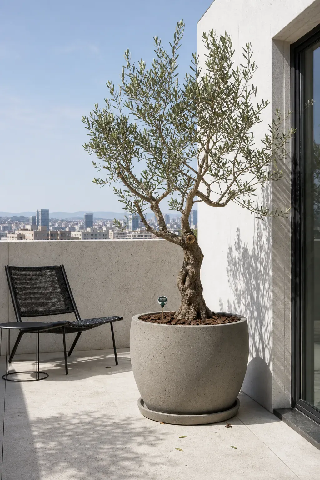 Minimal apartment patio with one lightweight specimen plant