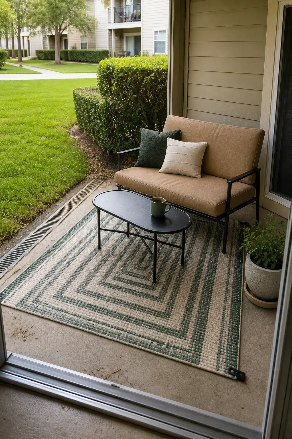 Ground-floor apartment patio with a breathable outdoor rug
