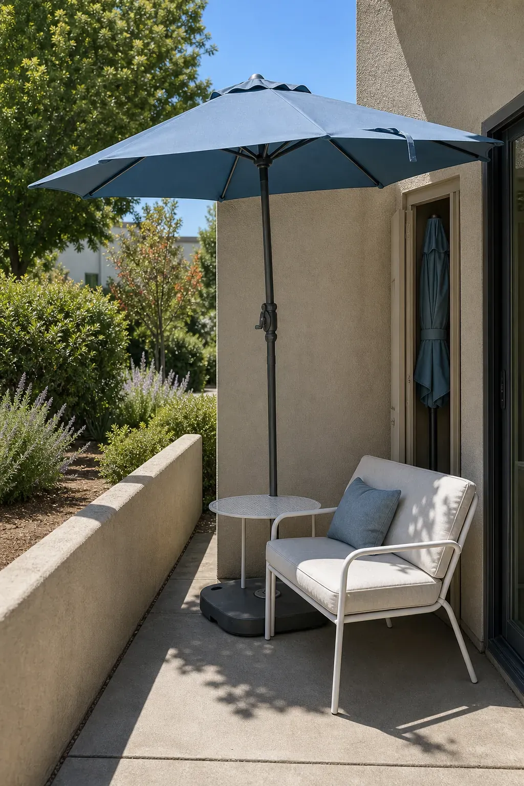 Ground-floor apartment patio shaded by a compact weighted parasol