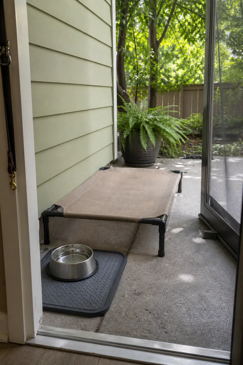 Shaded apartment patio with a washable pet resting corner