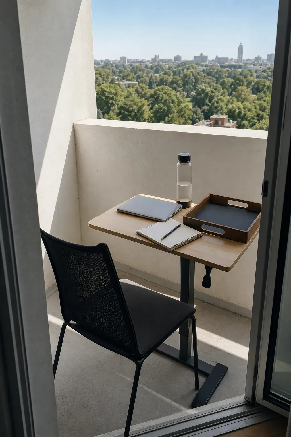 Shaded apartment patio with a compact morning laptop perch