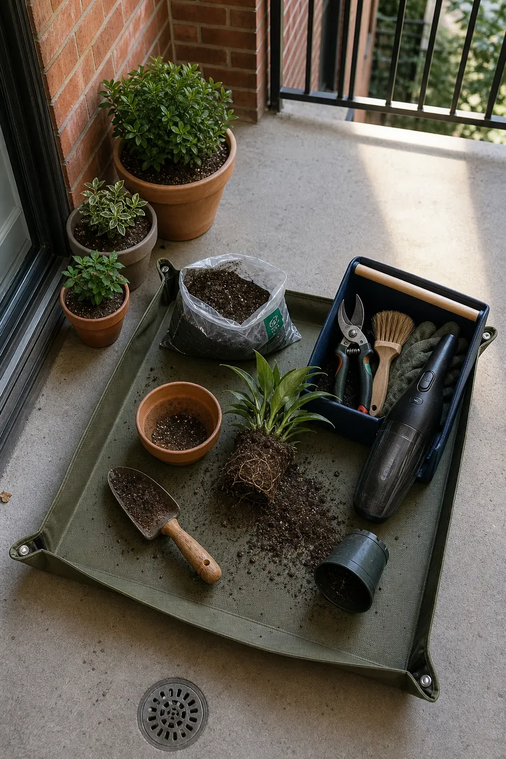 Apartment patio with a fold-away mat and caddy for plant care