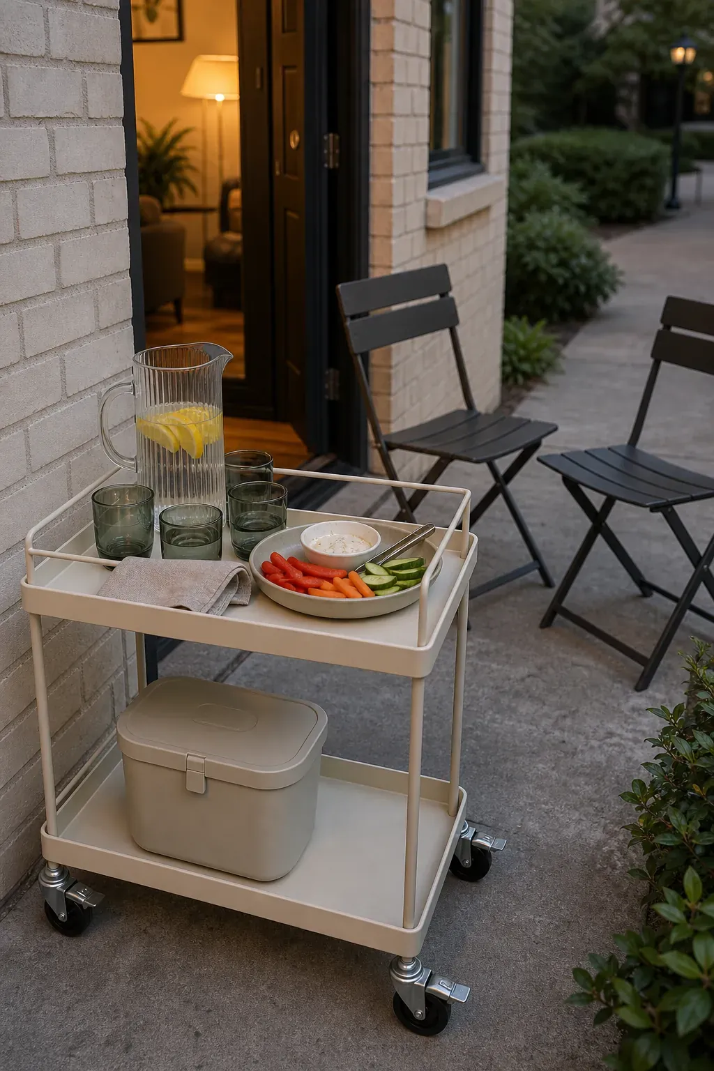 Small apartment patio with a movable hosting cart