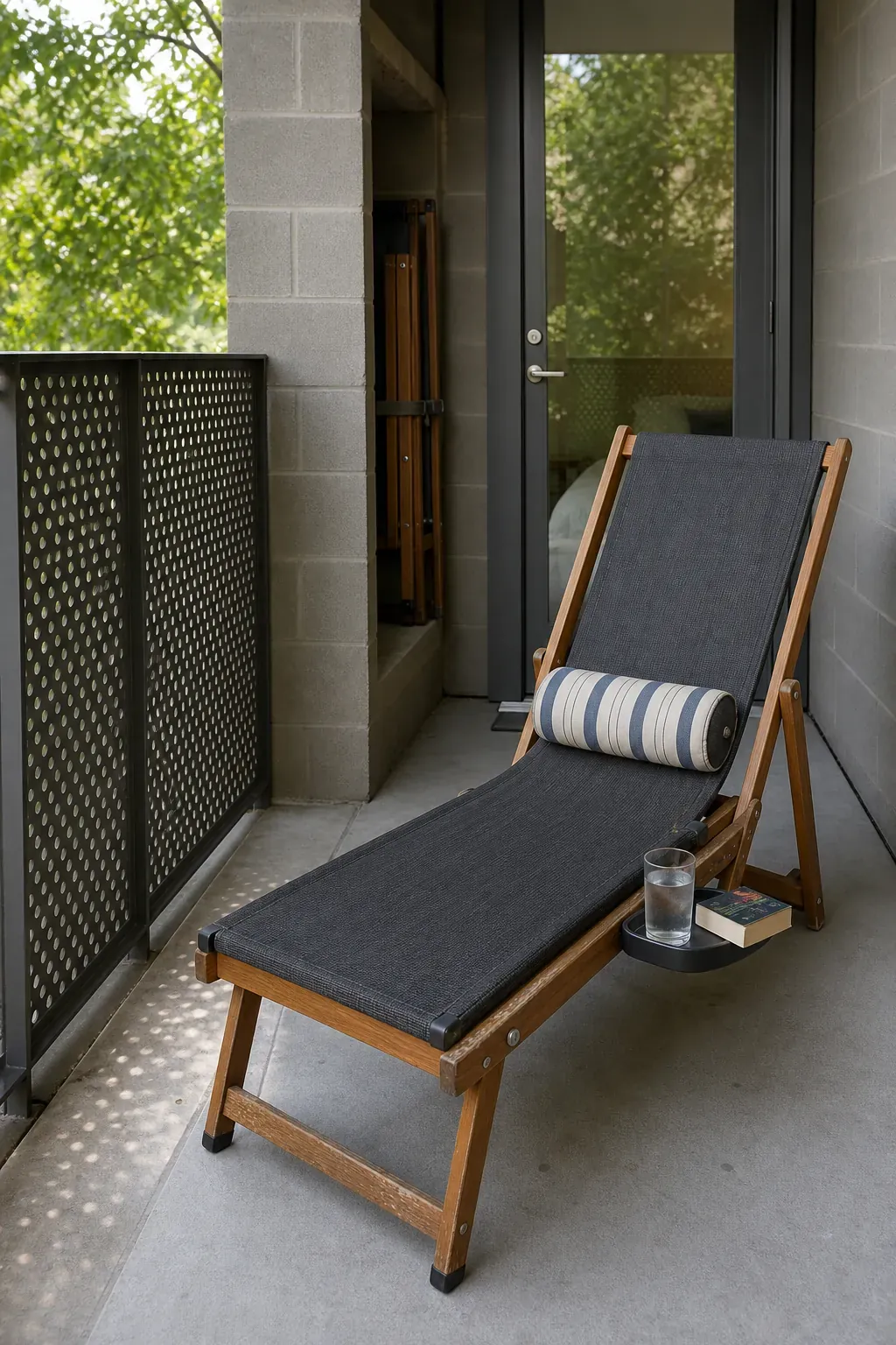 Narrow apartment patio with one folding chaise along the long wall