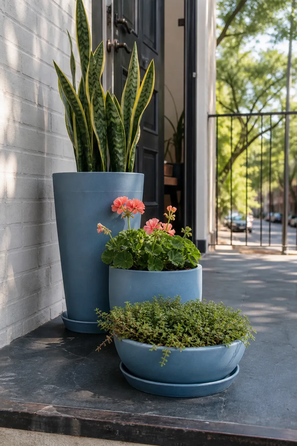 Apartment patio styled with a few lightweight planters in one finish