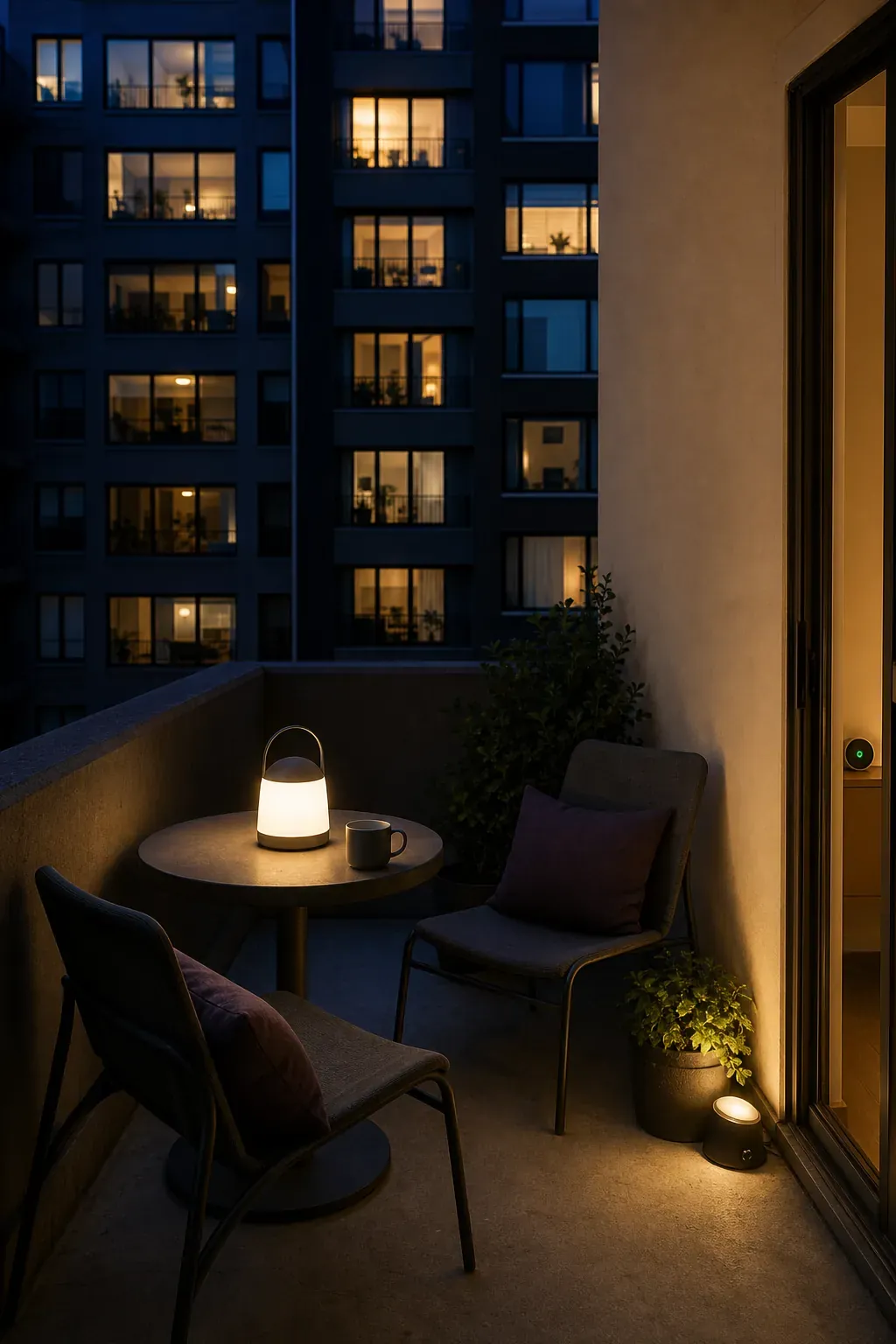 Apartment patio lit by low rechargeable table lanterns