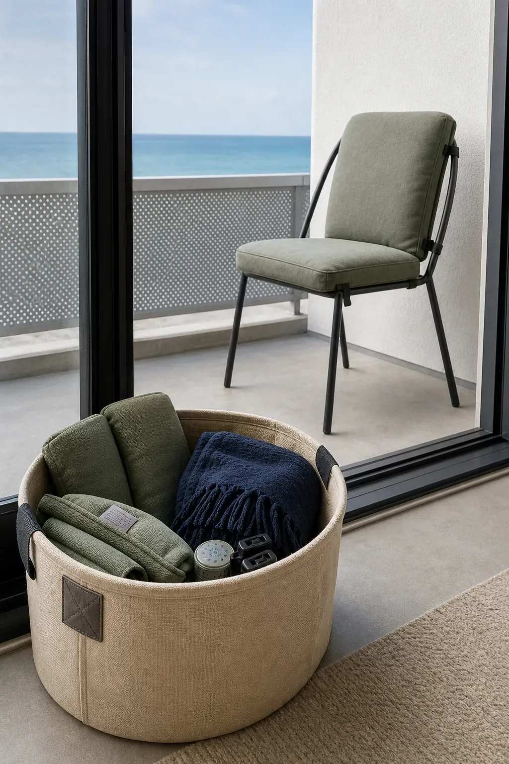Apartment patio with a small organized weather-ready textile kit