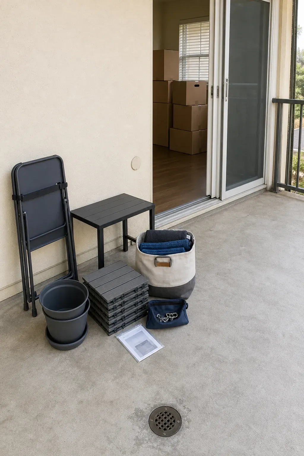 Renter-friendly apartment patio with fully movable decor and clear exit