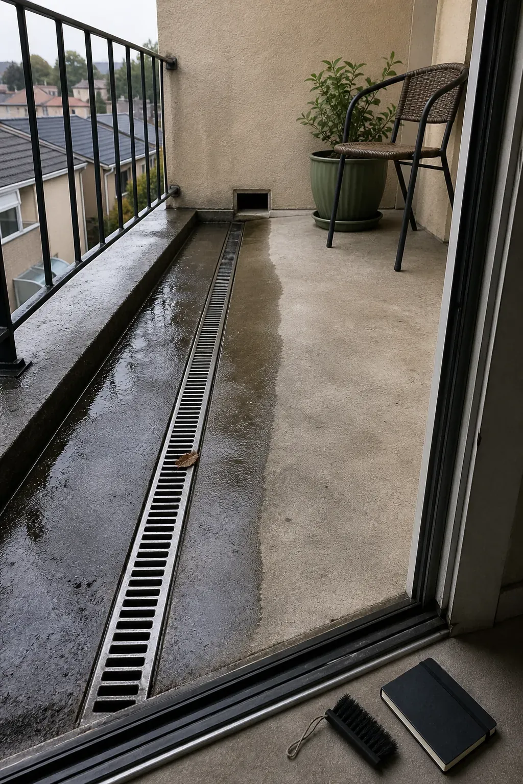 Clean apartment balcony with drainage edge left fully visible