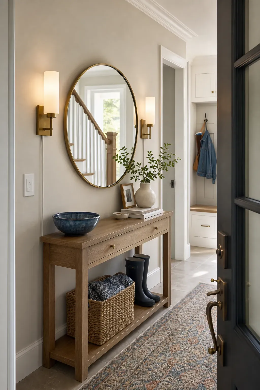 Paired Sconces Around a Round Mirror in an entryway with mirror reflections