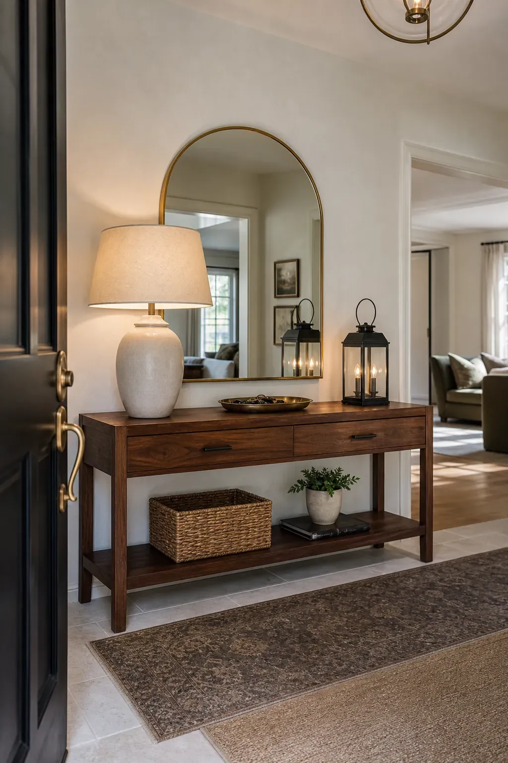 Layered entryway lighting reflected in a large arched mirror