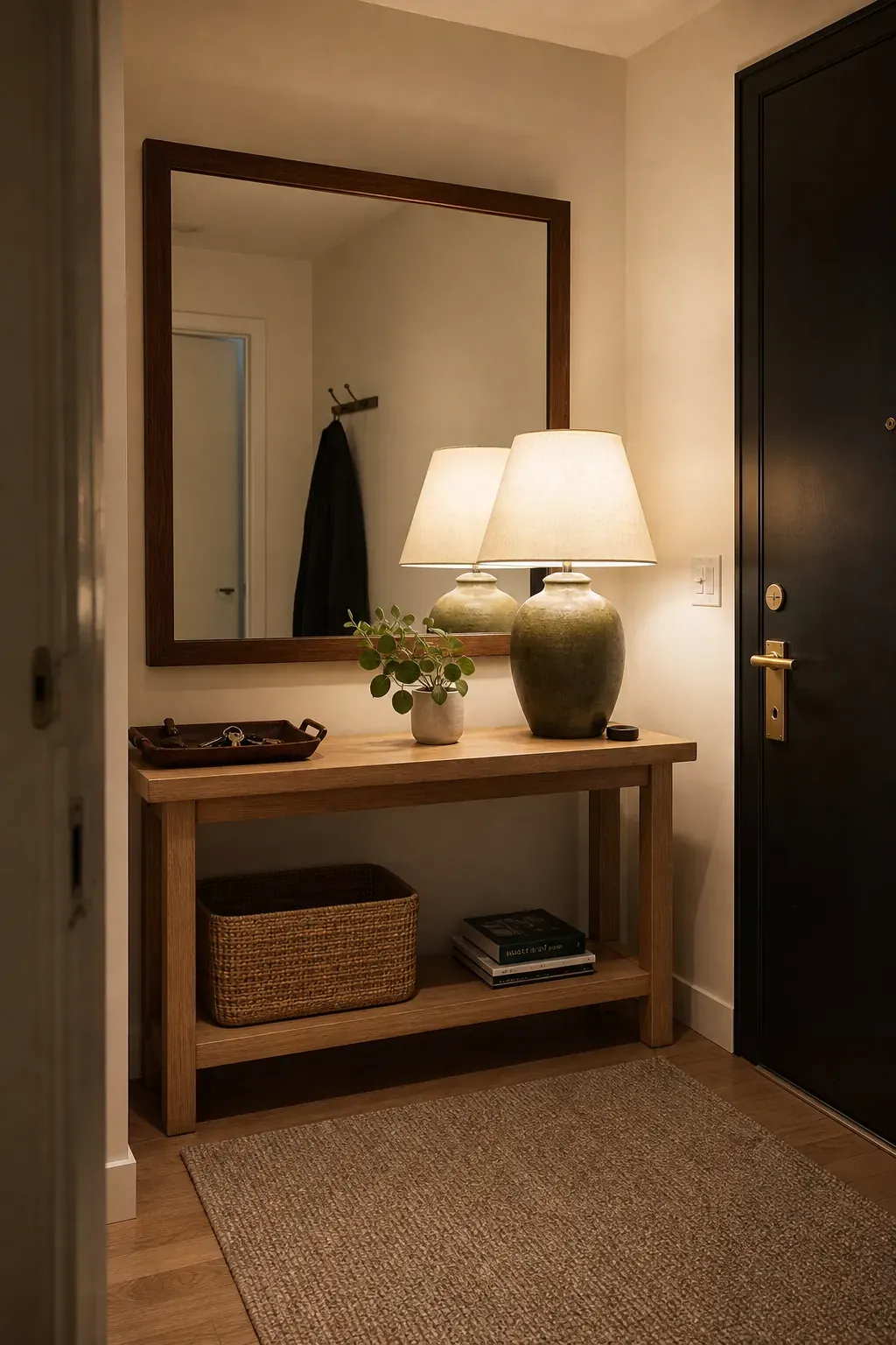 A Console Lamp That Doubles Its Glow in an entryway with mirror reflections
