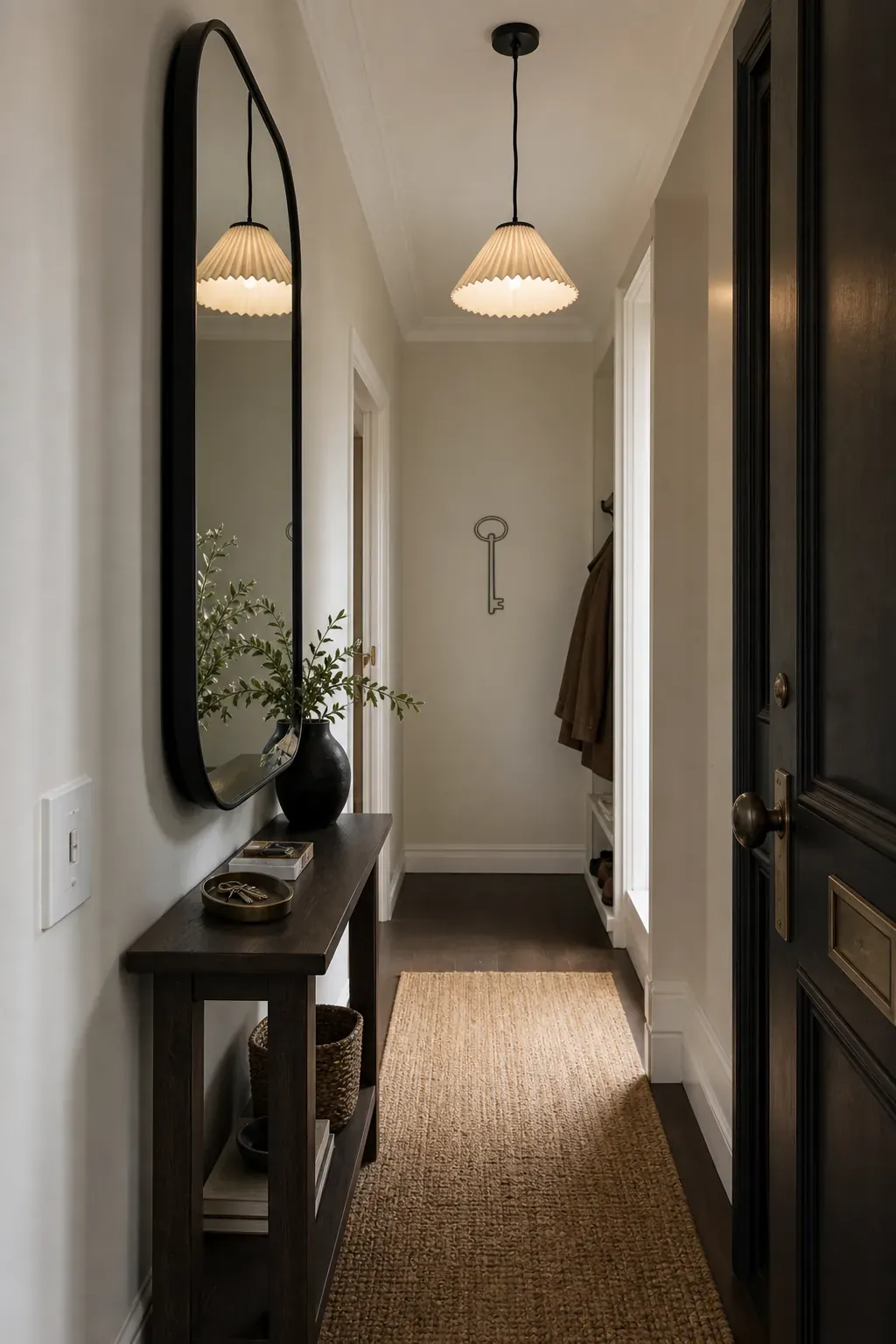 A Pendant Reflected Above the Console in an entryway with mirror reflections