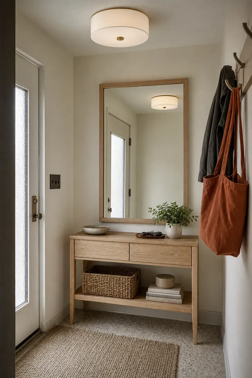 A Flush Mount for a Low Ceiling in an entryway with mirror reflections