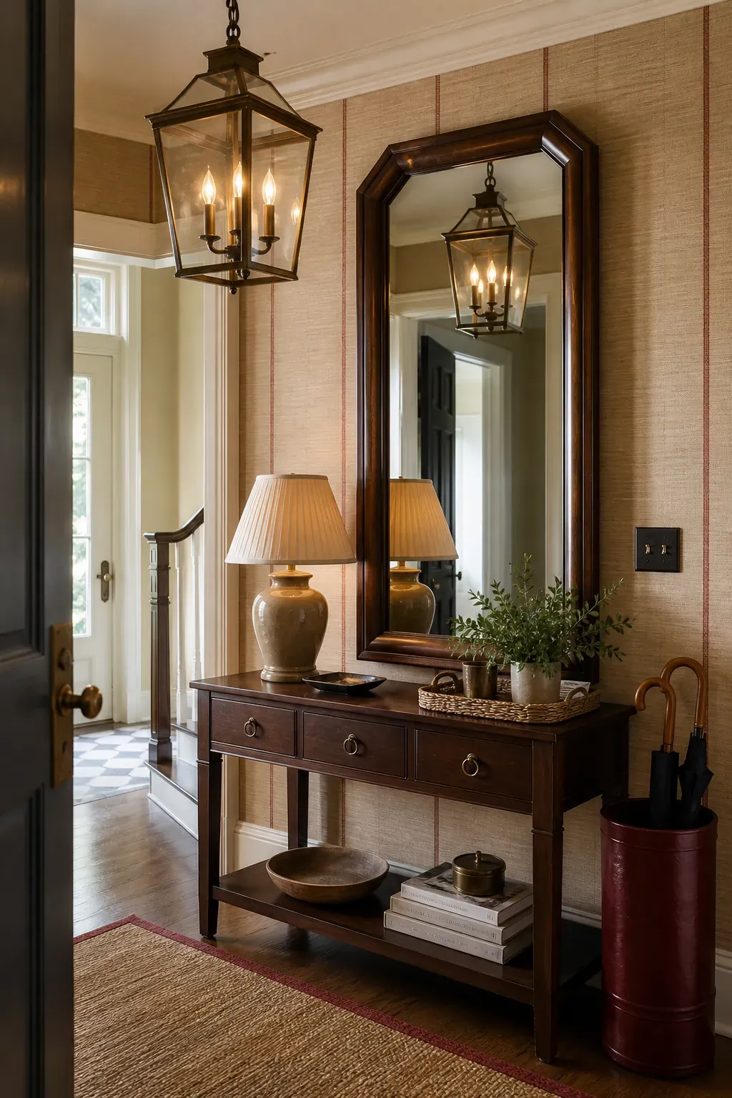 A Lantern That Frames the Reflection in an entryway with mirror reflections