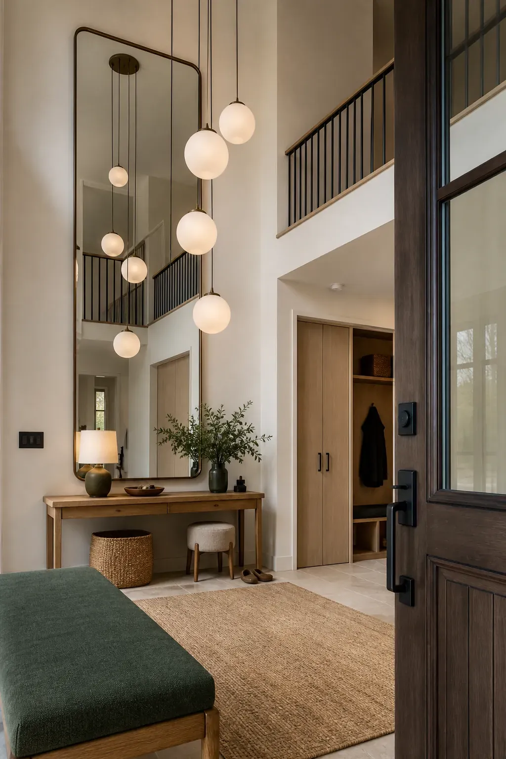 A Cascading Fixture for a Two-Story Foyer in an entryway with mirror reflections
