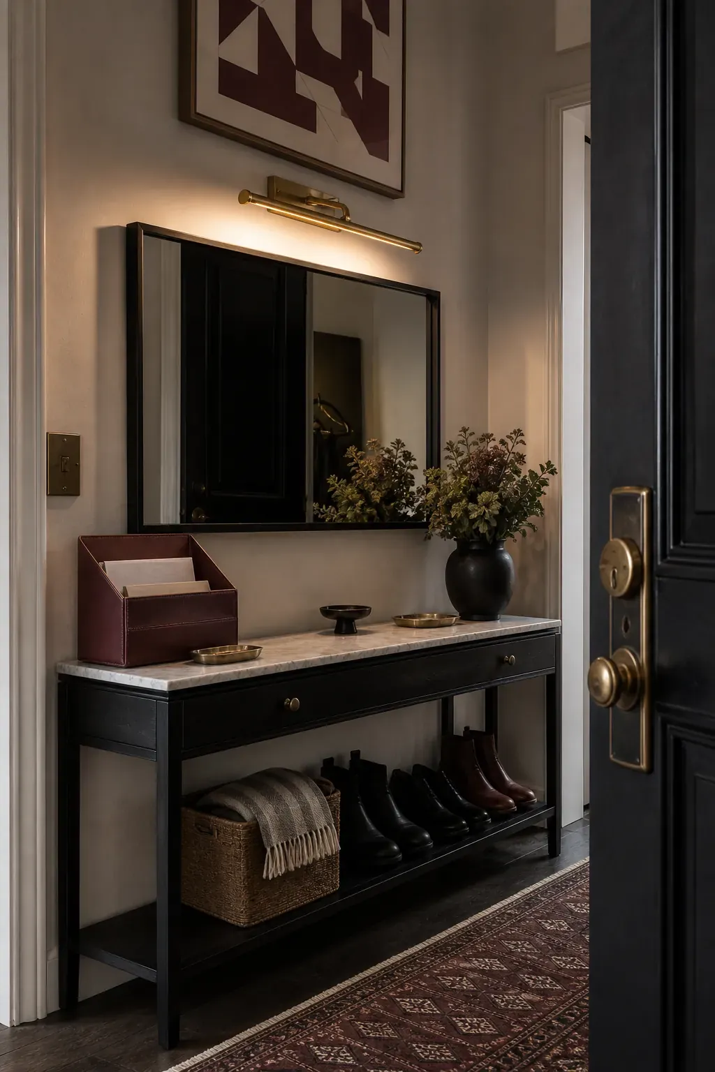 A Picture Light Above an Entry Mirror in an entryway with mirror reflections